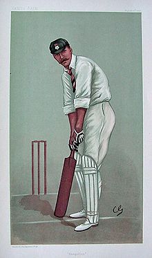 A colour drawing of a Victorian man holding a cricket bat