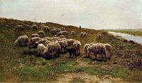 Anton Mauve, c. 1872: 'Schapen op de dijk', olieverf op doek