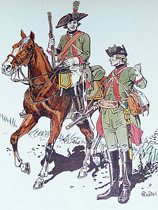 Mercenaires allemands dans la guerre d'Amérique, dessin de Richard Knötel (1857-1914).