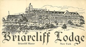 Postcard illustration of a large Tudor Revival resort