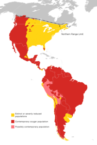 Área de distribución do puma En laranxa: extinguido ou poboación escasa En vermello: poboación actual abundante