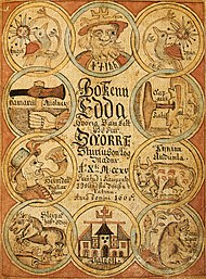 Пъстроцветната титлова страница на исландски ръкопис от XVIII век, показваща Один, Слейпнир, Мьолнир, Хаймдал и редица др.