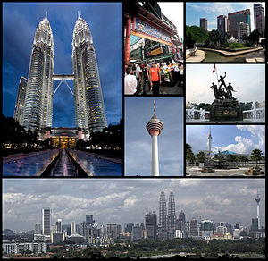 (sentido horário) Torres Petronas, rua Petaling, confluência do rio Gombak/Klang, Tugu Negara, Masjid Negara, panorama do centro Kuala Lumpur, Torre de Kuala Lumpur