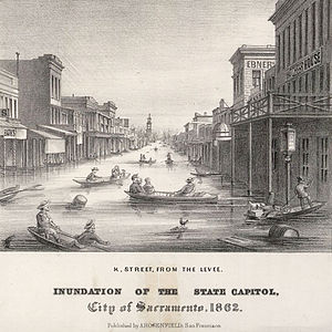 Lithographie de la rue K à Sacramento, Californie, lors de l'inondation de 1862.