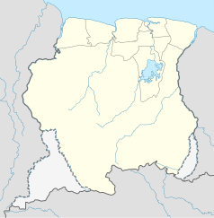 Mapa konturowa Surinamu, u góry nieco na lewo znajduje się punkt z opisem „Wageningen”