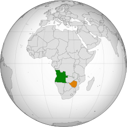 Map indicating locations of Angola and Zimbabwe