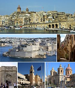 From top: skyline, Fort Saint Angelo, Auberge d'Angleterre, Couvre Porte Gate, Malta Maritime Museum, Church of St. Lawrence