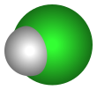 Space-filling model of hydrogen chloride with atom symbols