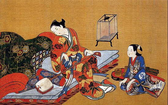 Bijin e asistente Tinta e cor en seda, Kaigetsudō Ando, 1710.