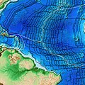 Carta batimetrica della parte equatoriale dell'Oceano Atlantico. Ben visibile l'assetto della dorsale medio-atlantica, composta da segmenti collegati da faglie trasformi, che si prolungano fino ai margini continentali ed evidenziano la direzione di movimento delle placche.