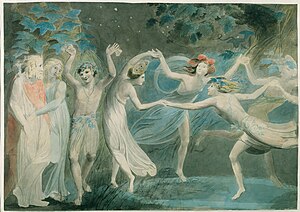 Four fairies dance in a circle beside another fairy who faces a human king and queen