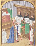 Robert le Pieux à l’office dans la cathédrale d’Orléans. Robinet Testard, Grandes Chroniques de France, vers 1471, Paris, Bibliothèque nationale de France, Fr.2609, f.144v.