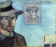 Émile Bernard, Autorretrato com retrato de Gauguin, dedicado a Vincent van Gogh. Bernard, 1888