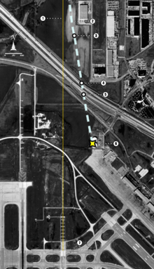 Image aérienne de l'aéroport représentant à l'aide d'une ligne bleue pointillée la trajectoire de l'avion et l'endroit de l'accident avec une petite étoile jaune.