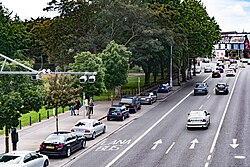 Fairview pictured from a pedestrian bridge, with Fairview Park to the left