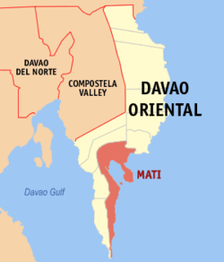 Mapa ng Silangang Dabaw na nagpapakita ng Mati