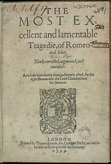 Image of title page of 1599 printed edition of Shakespeare's Romeo and Juliet