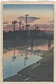 Noite na Lumber Yards of Kiba (1920), xilogravura de Kawase Hasui