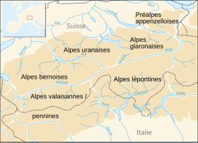 Carte de localisation des Alpes bernoises (à l'ouest, au centre) dans les Alpes centrales.