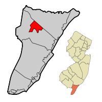 Location of Woodbine in Cape May County highlighted in red (left). Inset map: Location of Cape May County in New Jersey highlighted in orange (right).