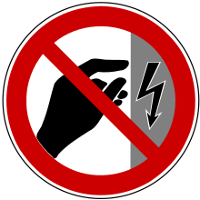 A red no symbol over a hand reaching towards a bolt of electricity symbol