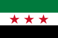A horizontal tricolor with (from top to bottom) green, white, and black, and 3 red stars horizontally within the center white bar.