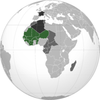 ფრანგული დასავლეთ აფრიკა (მწვანე ფერში) მეორე მსოფლიო ომის შემდეგ და სხვა ფრანგული სამფლობელოები მუქ ფერში.