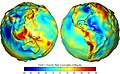 Image 33Earth's gravity measured by NASA GRACE mission, showing deviations from the theoretical gravity of an idealized, smooth Earth, the so-called Earth ellipsoid. Red shows the areas where gravity is stronger than the smooth, standard value, and blue reveals areas where gravity is weaker (Animated version). (from Gravity of Earth)