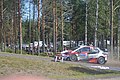 2018 Rally Finland winning crew Ott Tänak and Martin Järveoja driving through the power stage in a Toyota Yaris WRC.