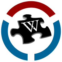 WikiBlind logo. The iconic Wikipedia puzzle piece, with a white W on a black background, and black Braille spelling “wiki” on the left side of the W, then two big dots for K on the next section. K represents the word Knowledge in English Grade 2 Braille.