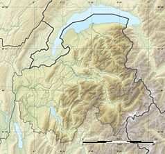 Mapa konturowa Górnej Sabaudii, u góry znajduje się owalna plamka nieco zaostrzona i wystająca na lewo w swoim dolnym rogu z opisem „Jezioro Genewskie”