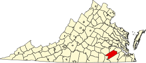 Map of Virginia highlighting Sussex County