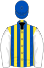 Yellow and light blue stripes, white sleeves, light blue cap