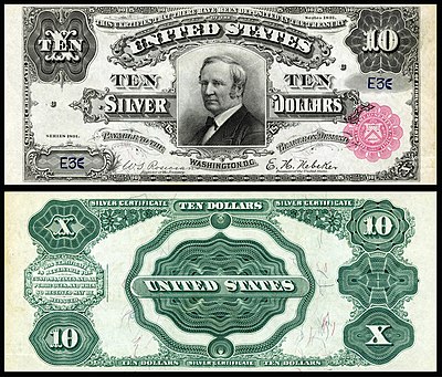 روی و پشت اسکناس ۱۰ دلاری از سری اسکناس‌های بدل به نقره دلار آمریکا