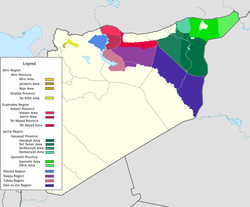 Empat kanton Rojava: Kanton Afrin (jingga), Kanton Kobanê (merah), Kanton Jazira (hijau), dan Kanton Shahba (merah muda)