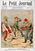 Caricature du quotidien français Le Petit Journal : profitant de l'annexion du condominium austro-hungaro-ottoman, Ferdinand de Bulgarie proclame l'indépendance de sa principauté, jusqu'alors nominalement placée sous suzeraineté ottomane.