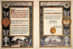 Fritz Haber kémiai Nobel-díjának oklevele (1918)