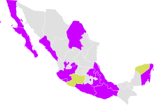 State map of Mexico. Most states are grey: technically illegal but effectively legal, as the state law is not prosecuted. As of 2022, 9 states have legalized abortion; this includes Coahuila, which borders Texas.