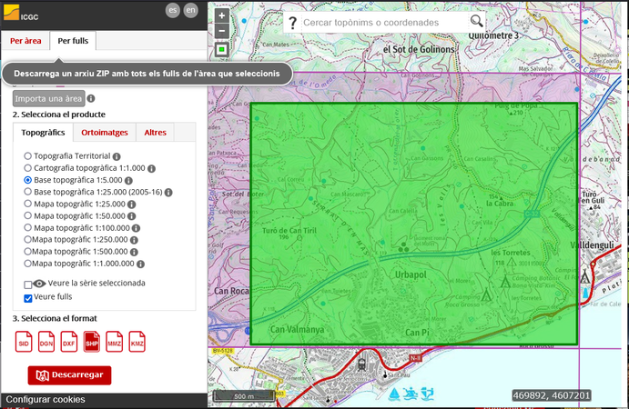 Seleccioneu la pestanya "Topogràfics" (on es mostren més formats d'exportació) o "Per àrea" (si l'àrea és molt gran i sols la voleu en format JPG). Una vegada premut "Descarregar" el mapa queda comprimit en un fitxer de format ZIP, que haureu de desempaquetar. Si heu escollit un format vectorial: heu de desar els fitxers en una mateixa carpeta dedicada en l'ordinador.