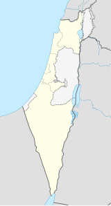 Mapa konturowa Izraela, blisko centrum u góry znajduje się punkt z opisem „College Nauczycielski Kibuców, Technologii i Sztuki”