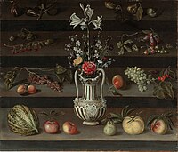 Flors en un gerro amb fruites al voltant en graons de pedra (ca.1679)