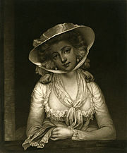 Gravure monochrome d'une jolie jeune femme aux cheveux blonds ou poudrés, portant un large chapeau retenu par un ruban.