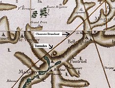 Emplacement du tumulus au sud de la Chaussée Brunehaut sur la carte de Cassini vers 1750.