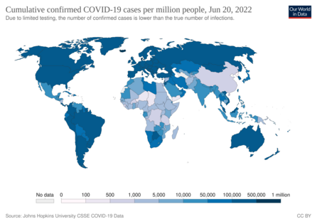 Total confirmed cases of COVID-19 per million people, 20 March 2020[၈၀]