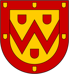 Wappen/Logo des Heraldik-Wiki: In Gold mit einem roten Bord, welches mit acht (3:2:2:1) goldenen Schildchen belegt ist, ein roter Doppelsturzsparren, begleitet allseits von je einem roten Schildchen.