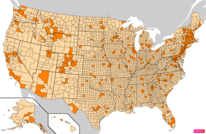 Counties in the United States by the percentage of the over 25-year-old population with bachelor's degrees according to the U.S. Census Bureau American Community Survey 2013–2017 5-Year Estimates.[257] Counties with higher percentages of bachelor's degrees than the United States as a whole are in full orange.