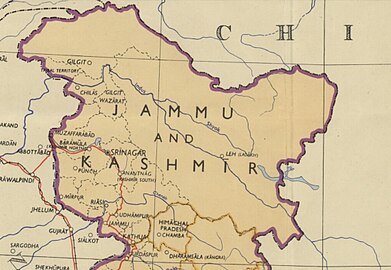 1954年印度政治地圖，當時印度認定該地的分界線在印度河上游（獅泉河）上。