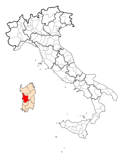 Map highlighting the location of the province of Oristano in Italy