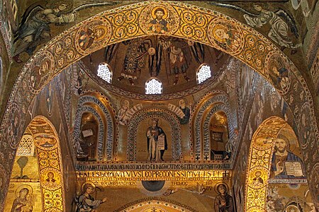 Byzantine mosaic medallions with rinceaux in the Cappella Palatina, Palermo, Italy, unknown architect or craftsman, 1140s[7]