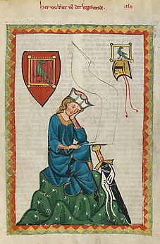 majster Kódexu Manesse, Walther von der Vogelweide, Codex Manesse, fol. 124r, 1305 až 1315, dnes UB Heidelberg, Heidelberg, Nemecko